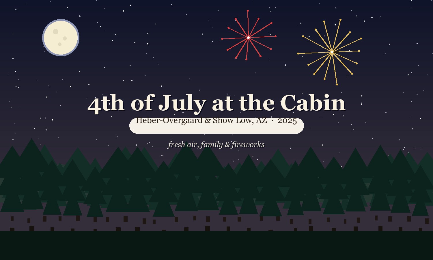 Illustrated cover — 4th of July at the Cabin, Heber-Overgaard & Show Low, Arizona, 2025, moon and fireworks over the pines