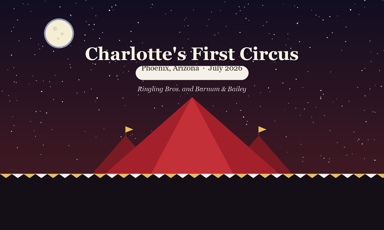 Illustrated cover — Charlotte's First Circus, Phoenix, Arizona, July 2026, a big top under a full moon