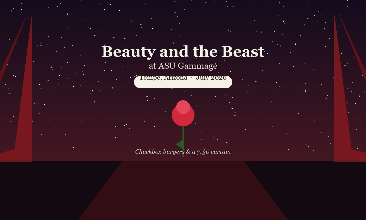 Illustrated cover — Beauty and the Beast at ASU Gammage, Tempe, July 2026, a rose center-stage between the curtains