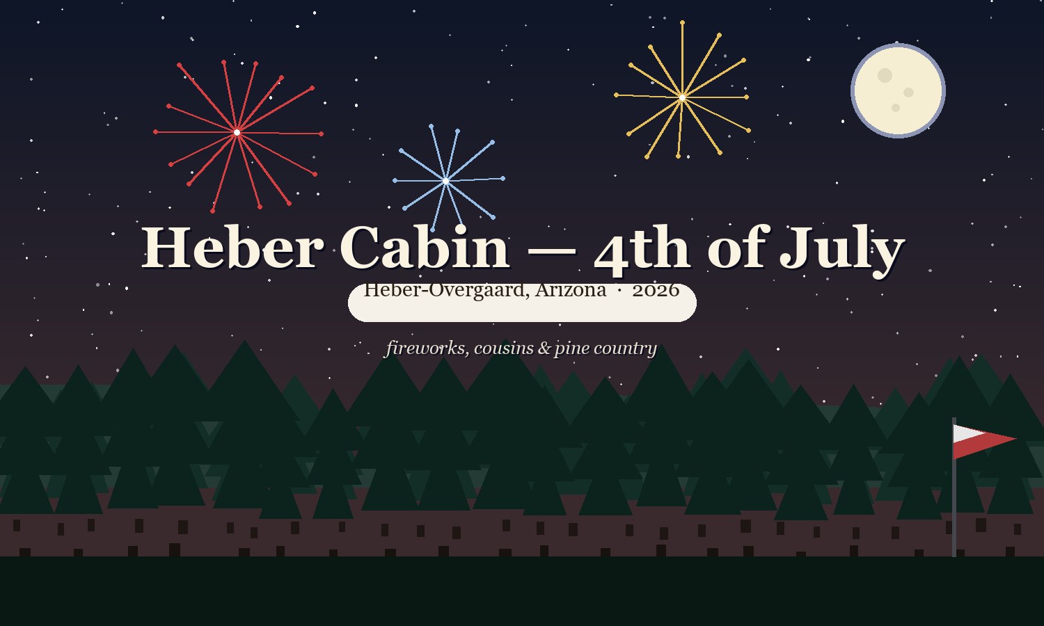 Illustrated cover — Heber Cabin, 4th of July 2026, fireworks and a flag over the pines