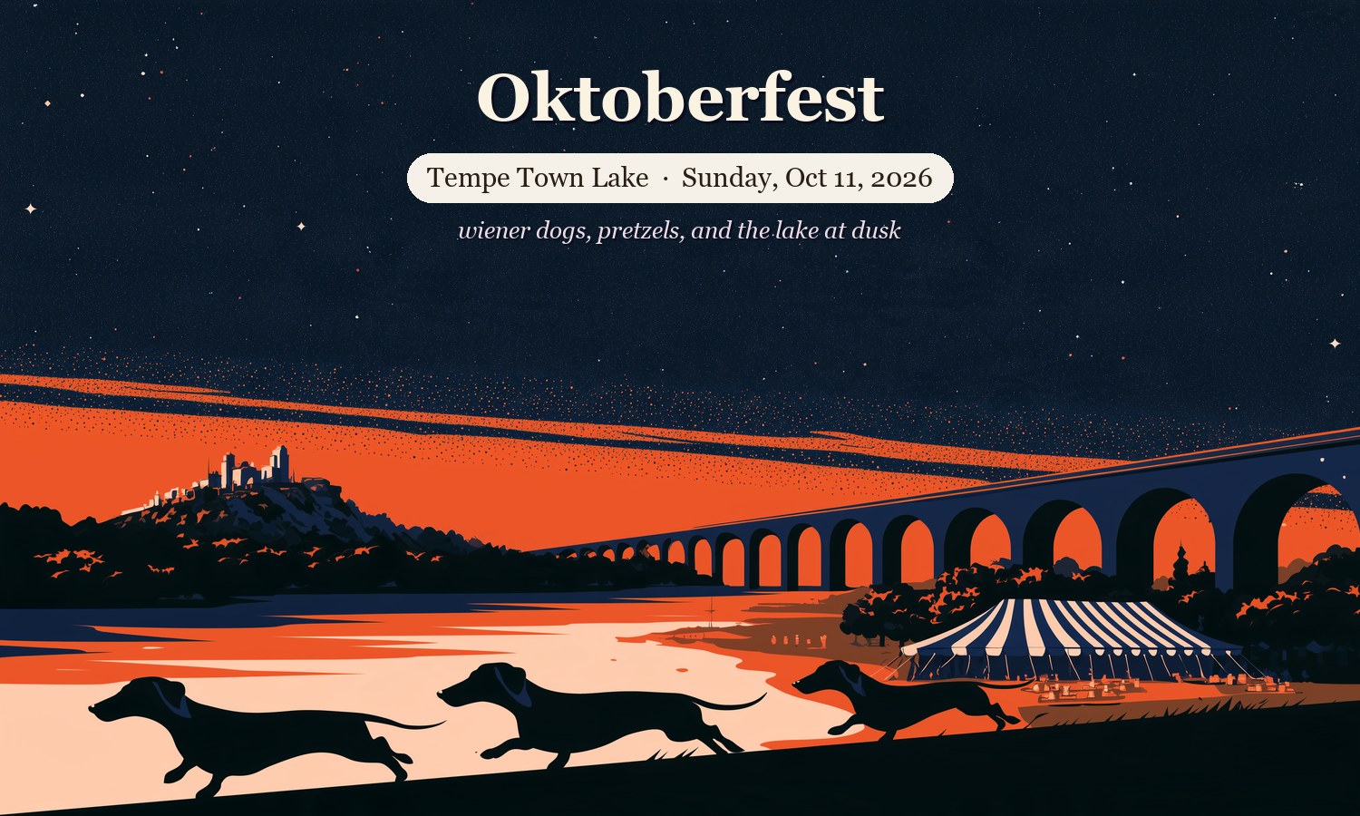 Illustrated cover: Oktoberfest, Tempe Town Lake, Sunday Oct 11 2026, three dachshunds racing toward a checkered finish line beside a blue-and-white beer tent, with the Mill Avenue bridge arches and A Mountain at dusk