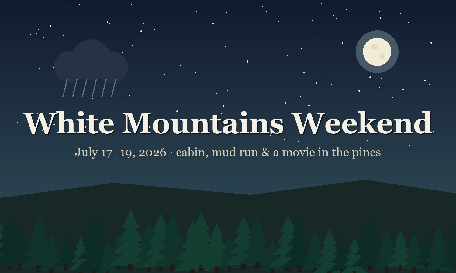 White Mountains Weekend, July 17–19, 2026 — pines under a monsoon night sky